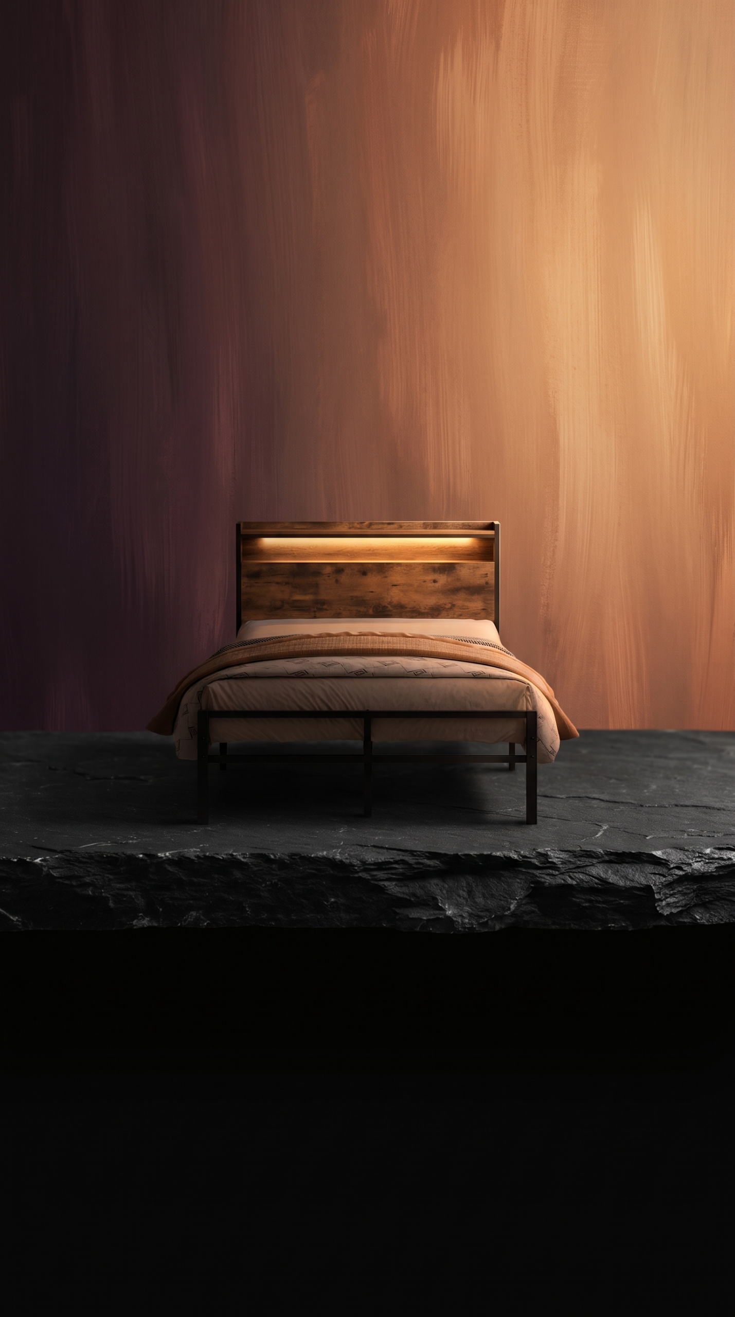 Das Metallbett mit dem warmen Lichtband