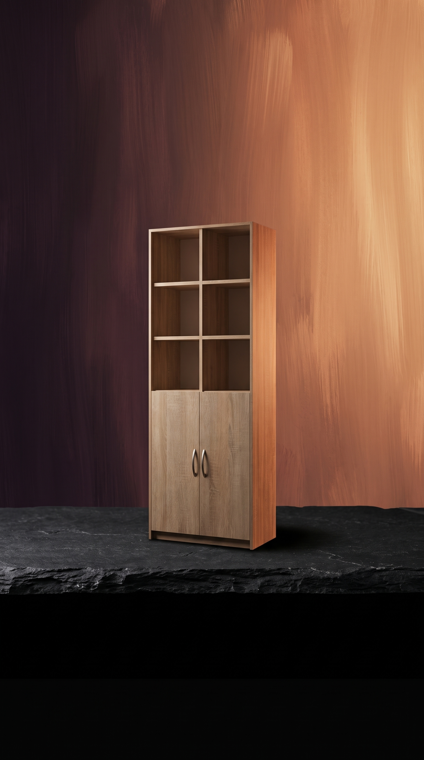 Der hohe Schrank mit den acht Fächern