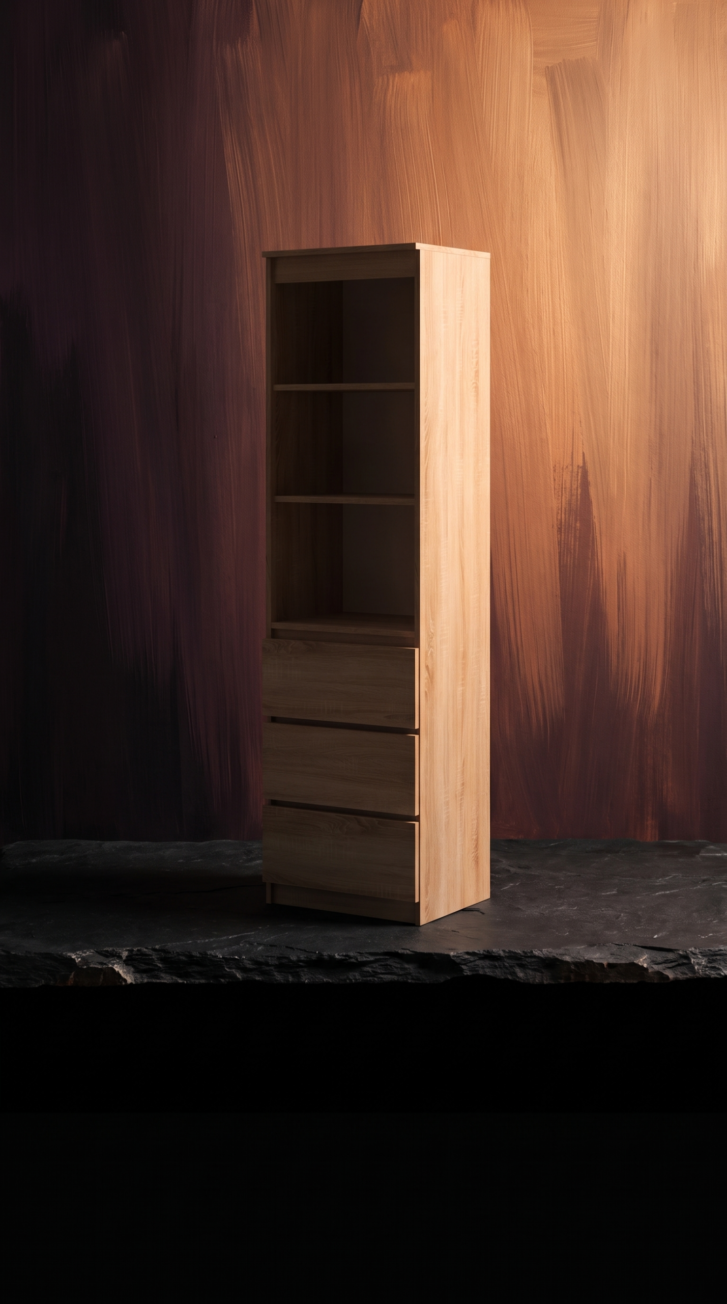 Der schmale Schrank mit den drei Schubladen